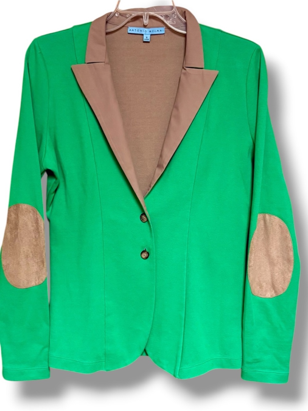ANTONIO MELANI Green Knit Blazer with Tan Trim and Elbow Patches
